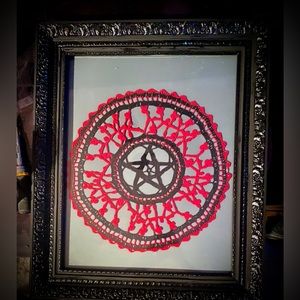 20”c24” crochet pentagram and flowers doily in custom frame.